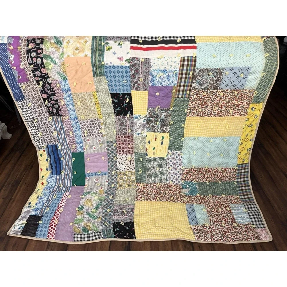 VTG Hand-Made Patchwork‎ Quilt Yarn Tied 64x80 Farmhouse Chickens Cottagecore